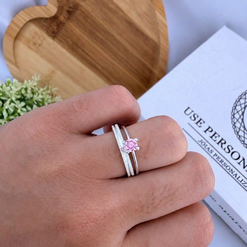 Par de alianças Aura 2mm Rosa de namoro + anel solitário Classic prata 950