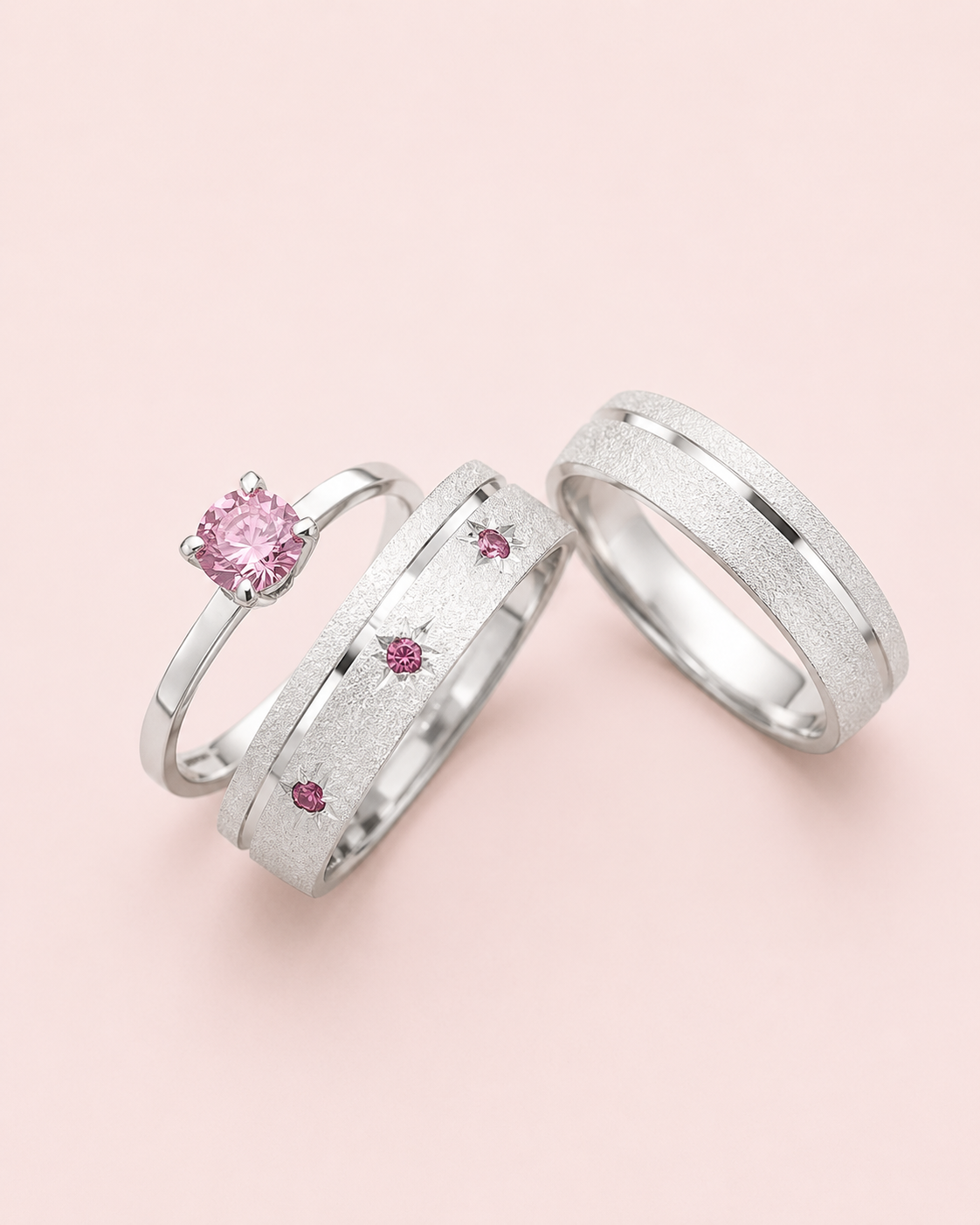 Par de alianças Estelar 4mm Rosa de namoro + Anel solitário Prata 950
