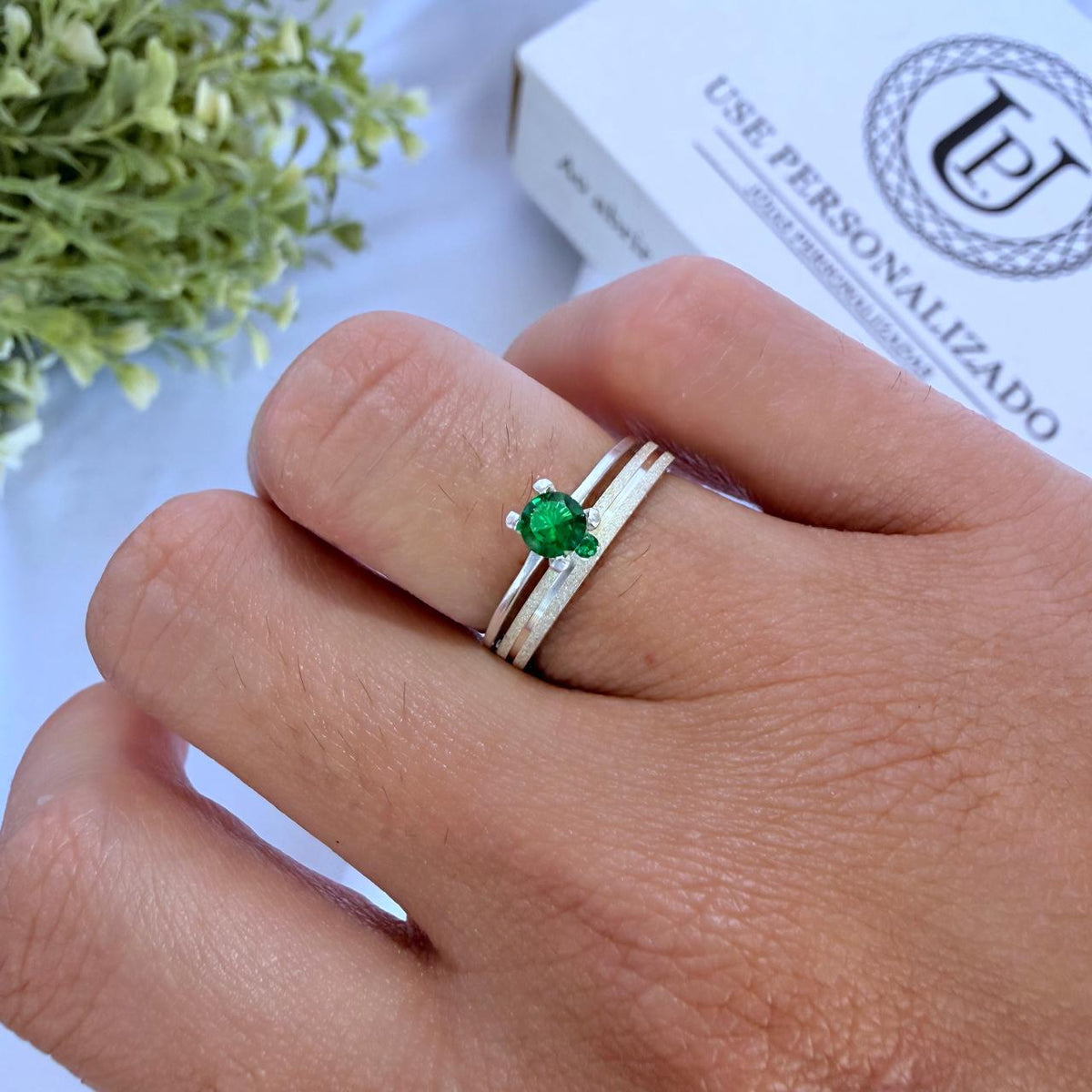 Par de alianças Aura Aura mm Verde de namoro + anel solitário Classic prata 950
