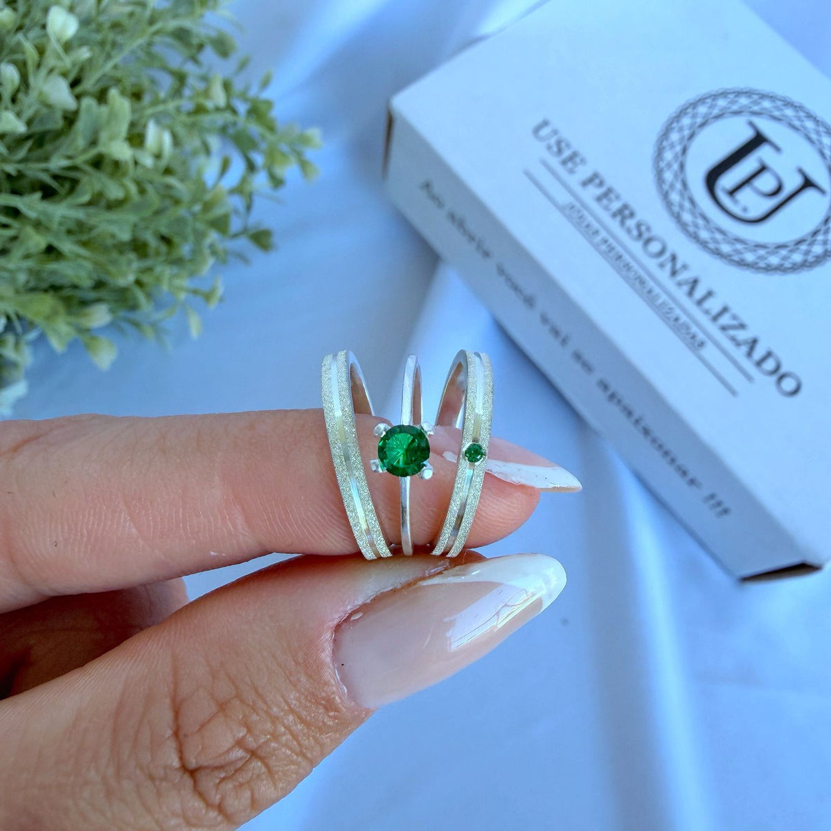 Par de alianças Aura Aura mm Verde de namoro + anel solitário Classic prata 950
