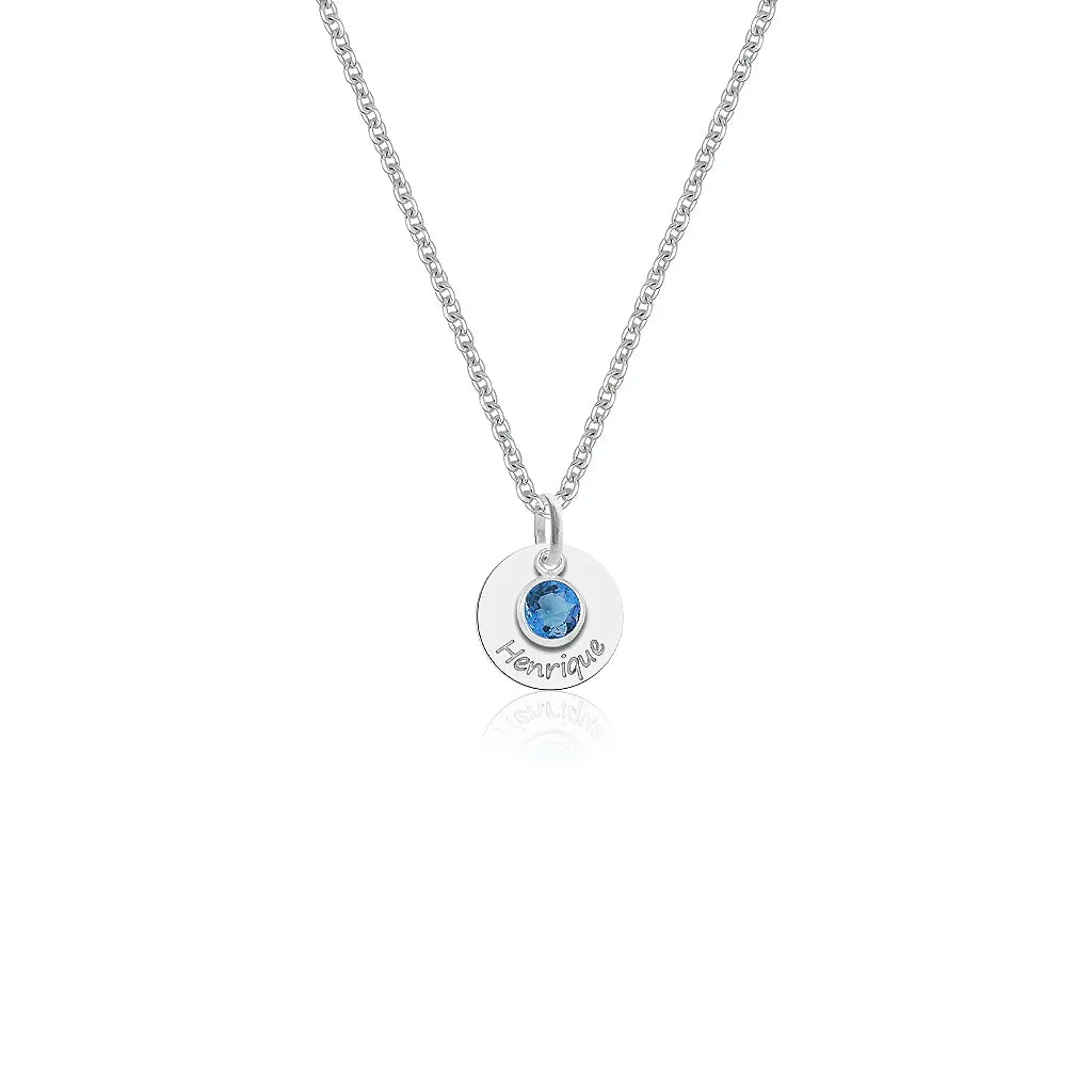 Colar feminino com Cristal Azul Safira e Medalha personalizavel - PRATA 925