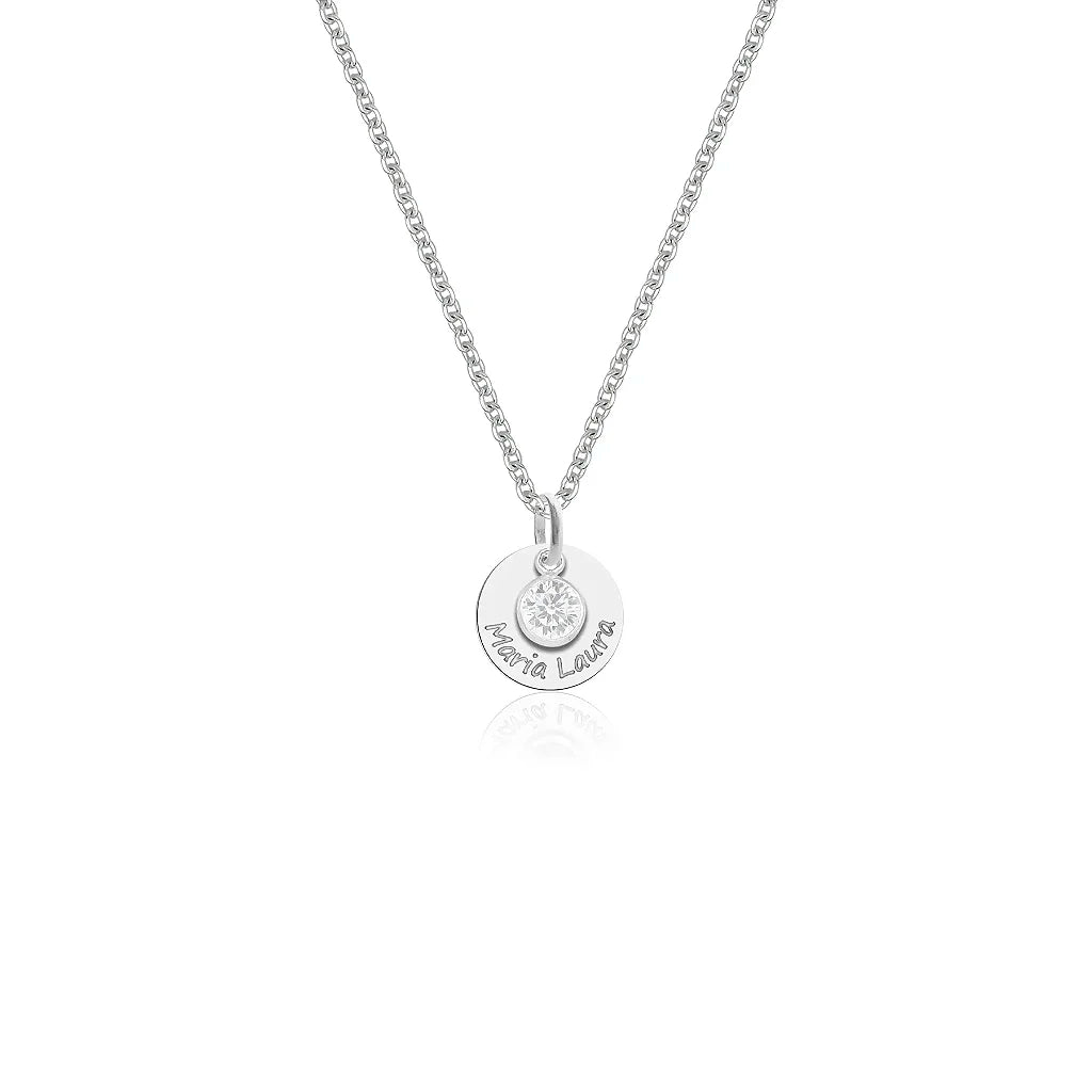 Colar feminino com Cristal Branco e Medalha personalizavel - PRATA 925