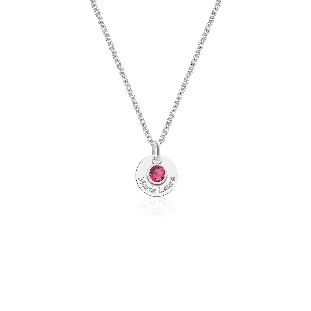 Colar Feminino com Cristal rosa e Medalha personalizavel - PRATA 925