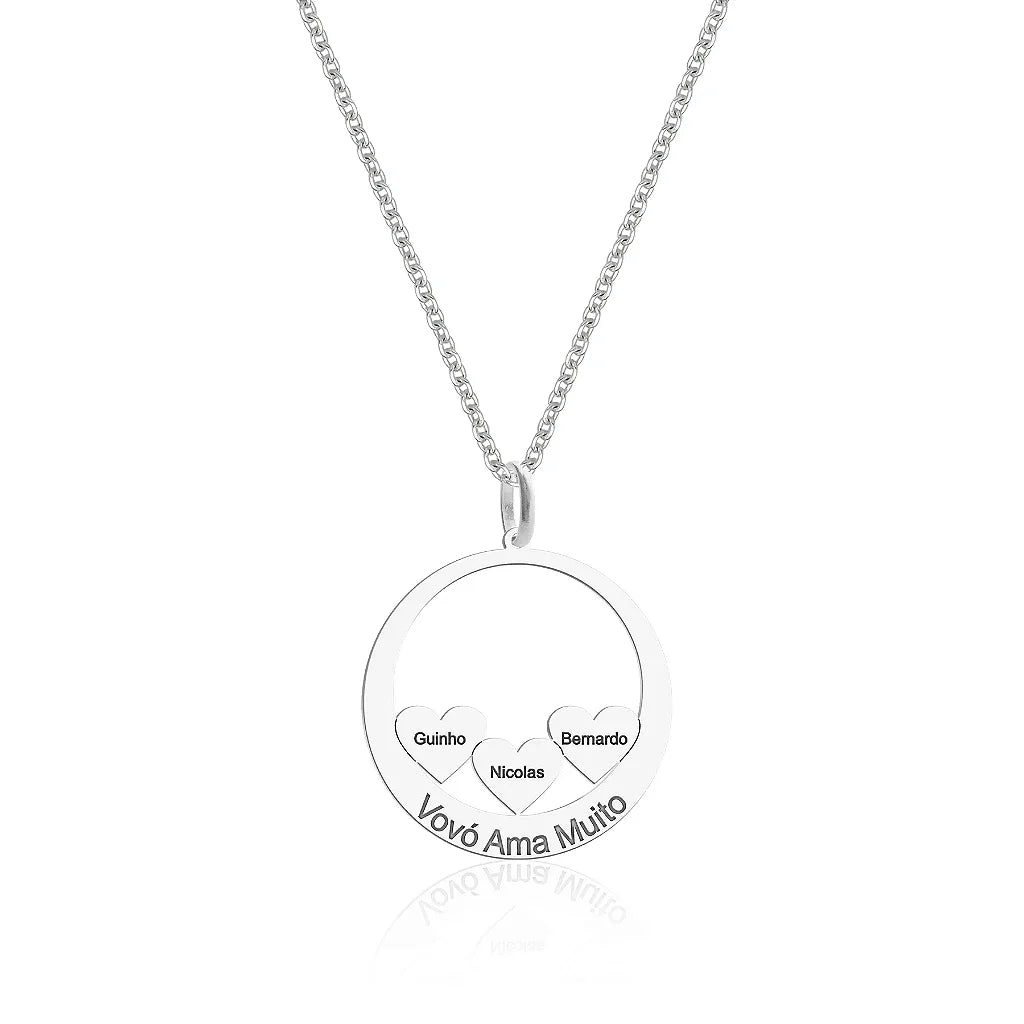 Colar Feminino Disco com 3 Corações com Nomes Personalizado - PRATA 925