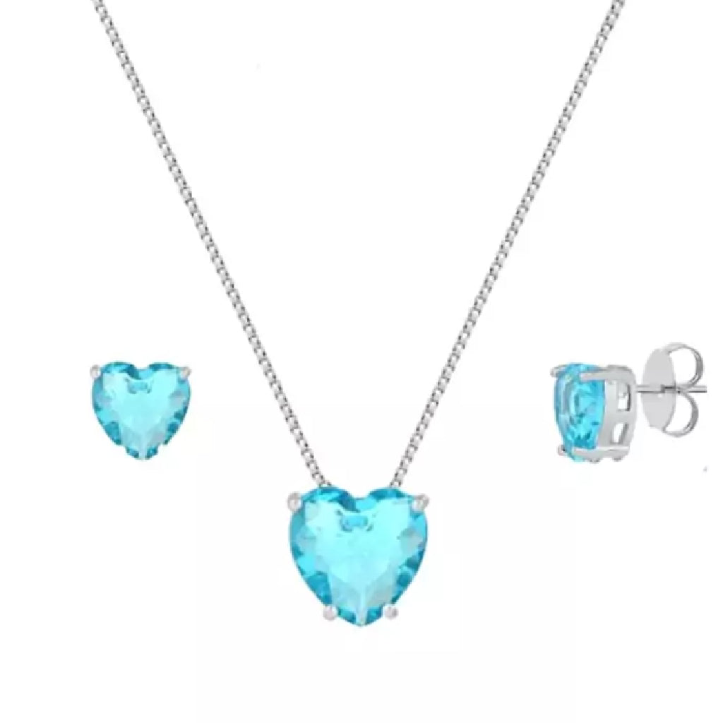 Conjunto Colar e brinco Ponto de Luz Coração Azul Celeste -PRATA 925