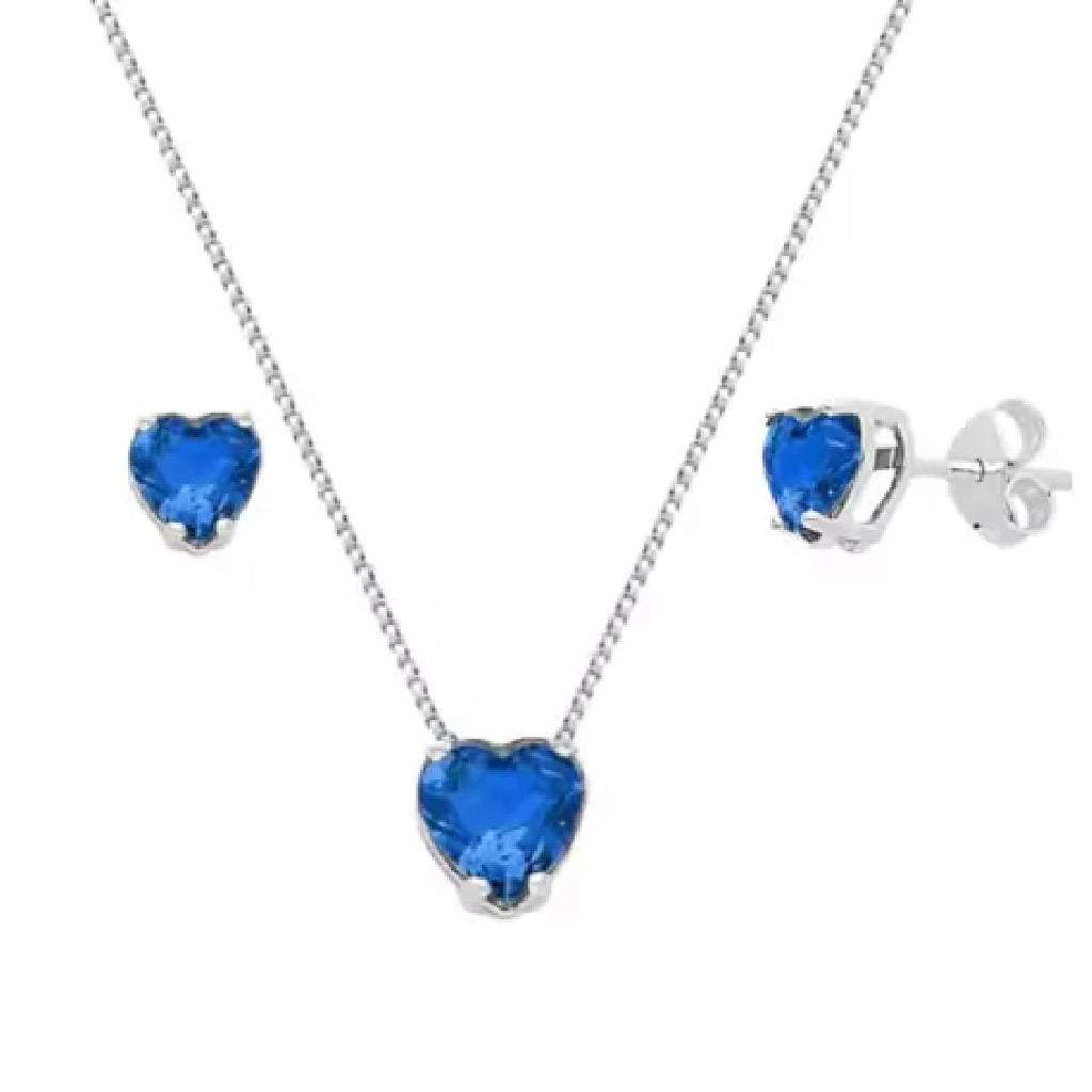 Conjunto Colar e Brinco Ponto de Luz Coração Azul Royal - PRATA 925