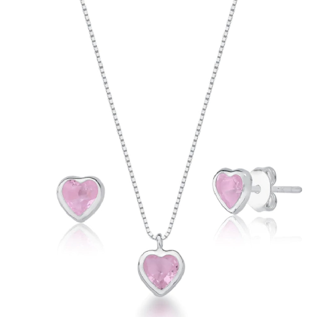 Conjunto Colar e brinco Ponto de Luz Coração Rosa Claro  - PRATA 925