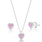 Conjunto Colar e brinco Ponto de Luz Coração Rosa Claro  - PRATA 925