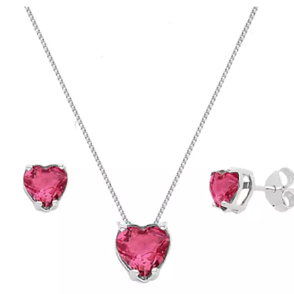 Conjunto Colar e Brinco Ponto de Luz Coração Rosa Escuro - PRATA 925
