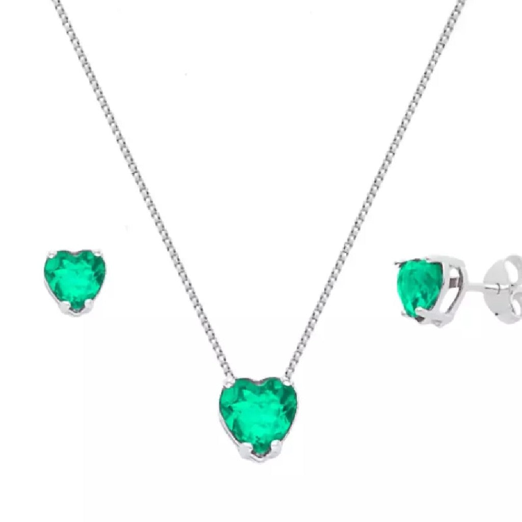 Conjunto Colar e Brinco Ponto de Luz Coração Tumalina  - PRATA 925