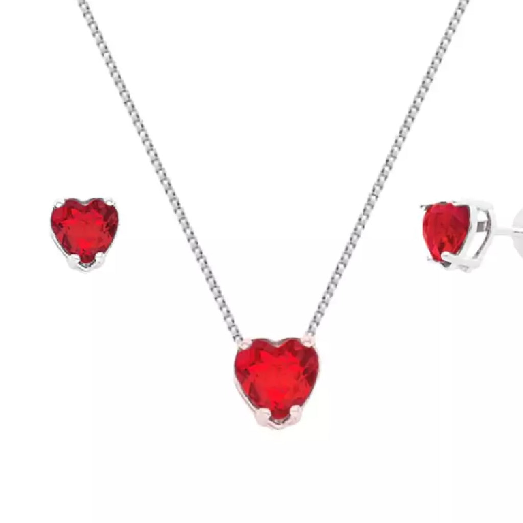Conjunto Colar e Brinco Ponto de Luz Coração Vermelho - PRATA 925