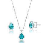 Conjunto Colar e Brinco Ponto de Luz Gota Verde Agua - PRATA 925