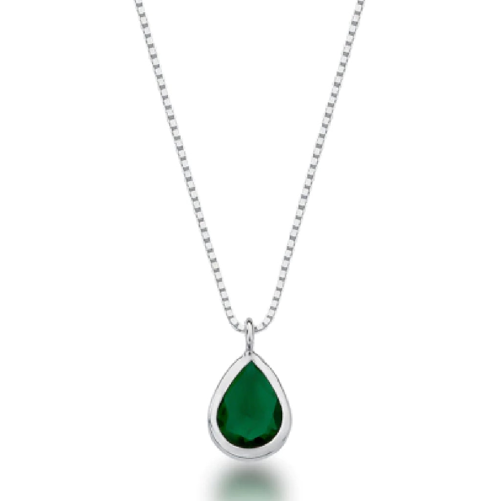 Conjunto Colar e Brinco  Ponto de Luz Gota Verde - PRATA 925