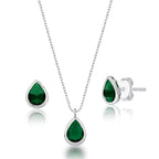 Conjunto Colar e Brinco  Ponto de Luz Gota Verde - PRATA 925