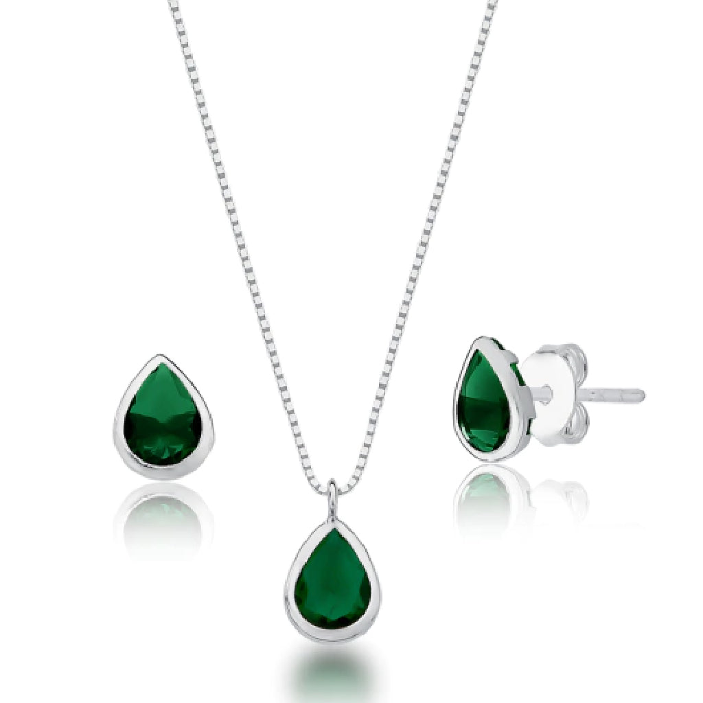 Conjunto Colar e Brinco  Ponto de Luz Gota Verde - PRATA 925