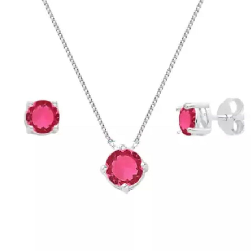 Conjunto Colar e Brinco Ponto de Luz Redondo Rosa Escura - PRATA 925