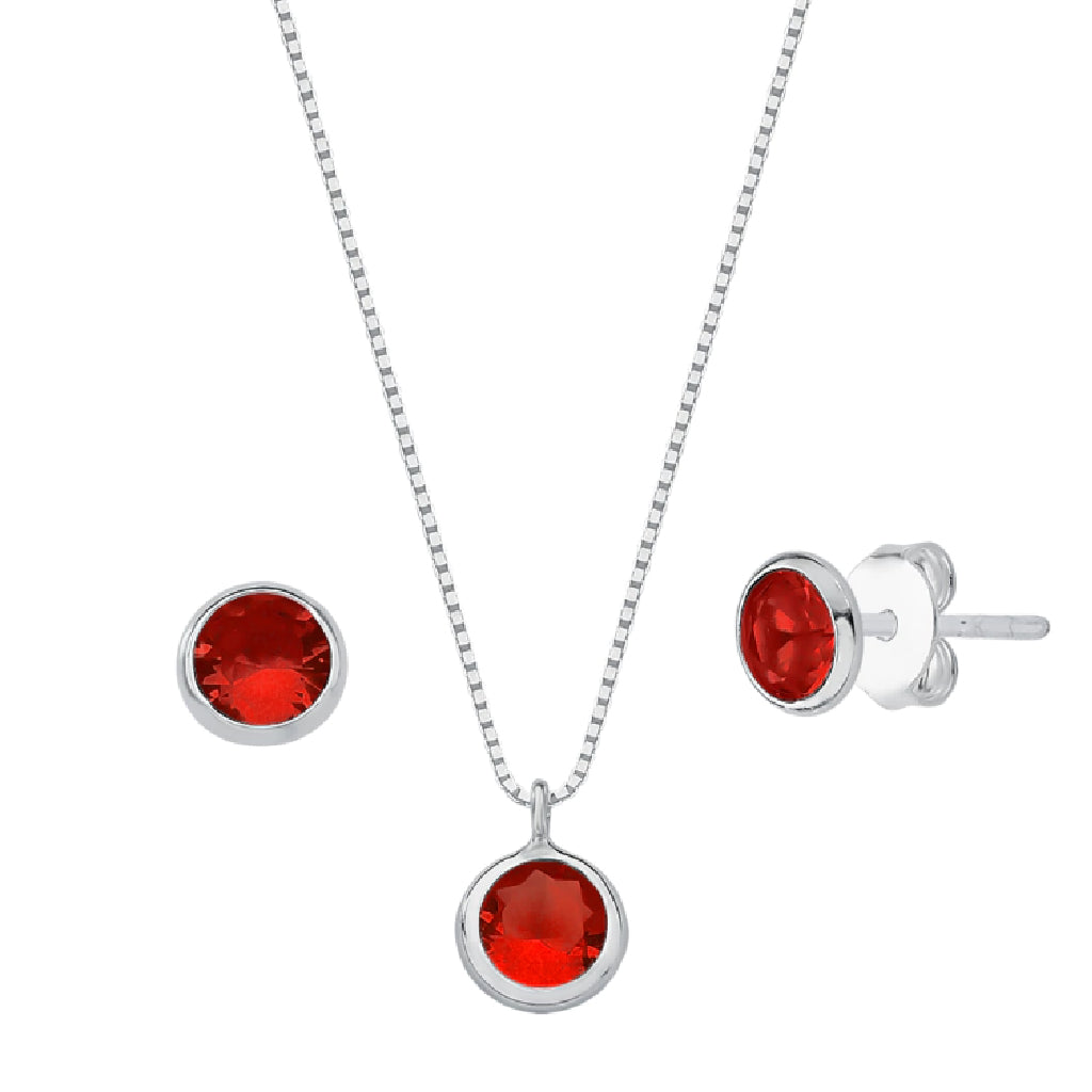 Conjunto Colar e Brinco Ponto de Luz Vermelho - PRATA 925