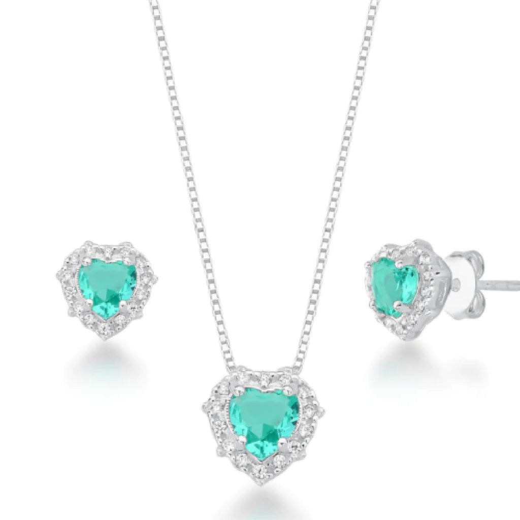 Conjunto feminino colar com Coração e brincos Cravejado Turmalina - PRATA 925