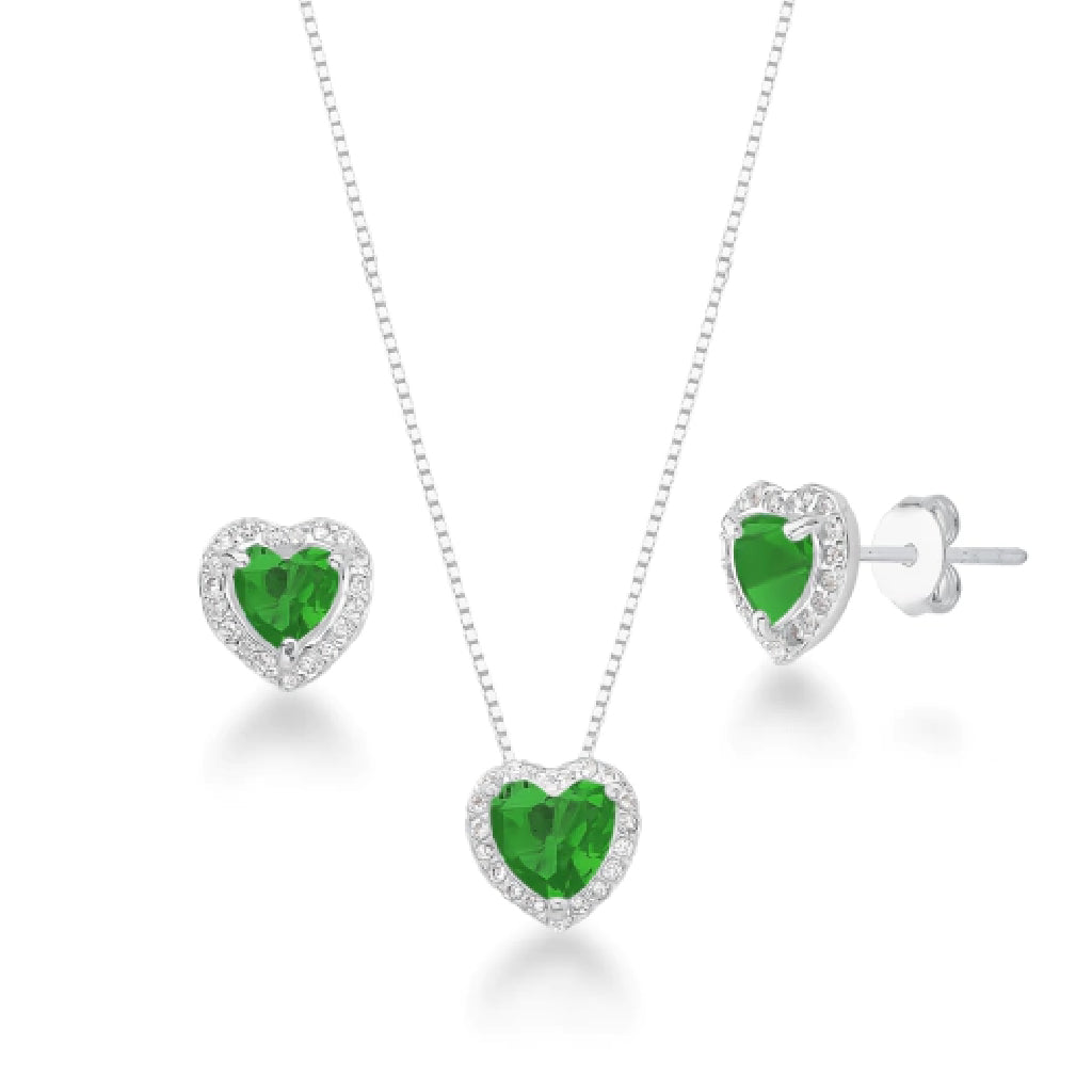 Conjunto feminino colar e brinco com Coração Cravejado Verde - PRATA 925