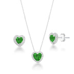 Conjunto feminino colar e brinco com Coração Cravejado Verde - PRATA 925