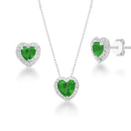 Conjunto feminino colar e brinco com Coração Cravejado Verde - PRATA 925