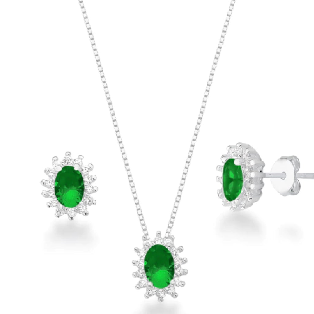 Conjunto feminino ponto de luz Circulo Oval Cravejado Verde - PRATA 925