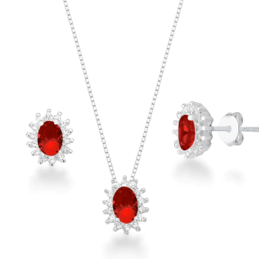 Conjunto feminino ponto de luz Circulo Oval Cravejado Vermelho - PRATA 925