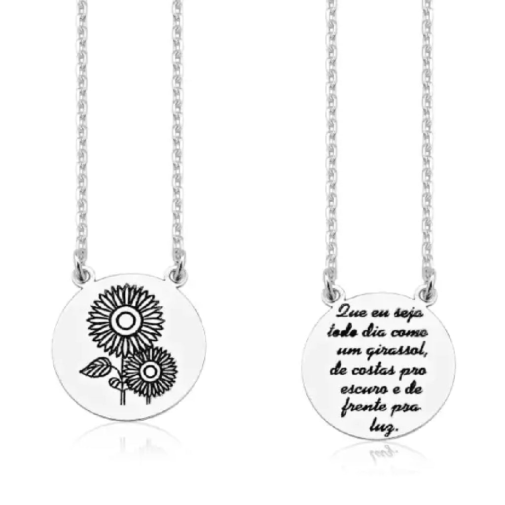 Escapulario Feminino com gravação Laser Girassol - PRATA 950