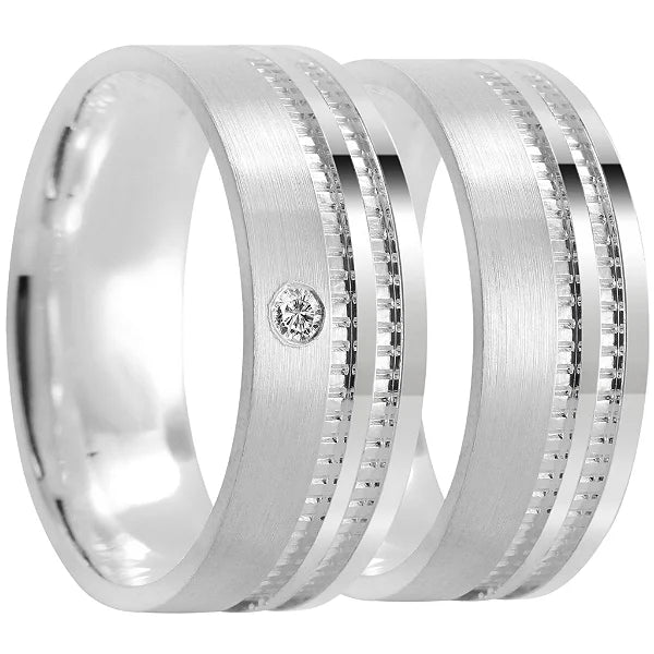 Par de alianças Alva 8mm de namoro + anel solitário prata 950