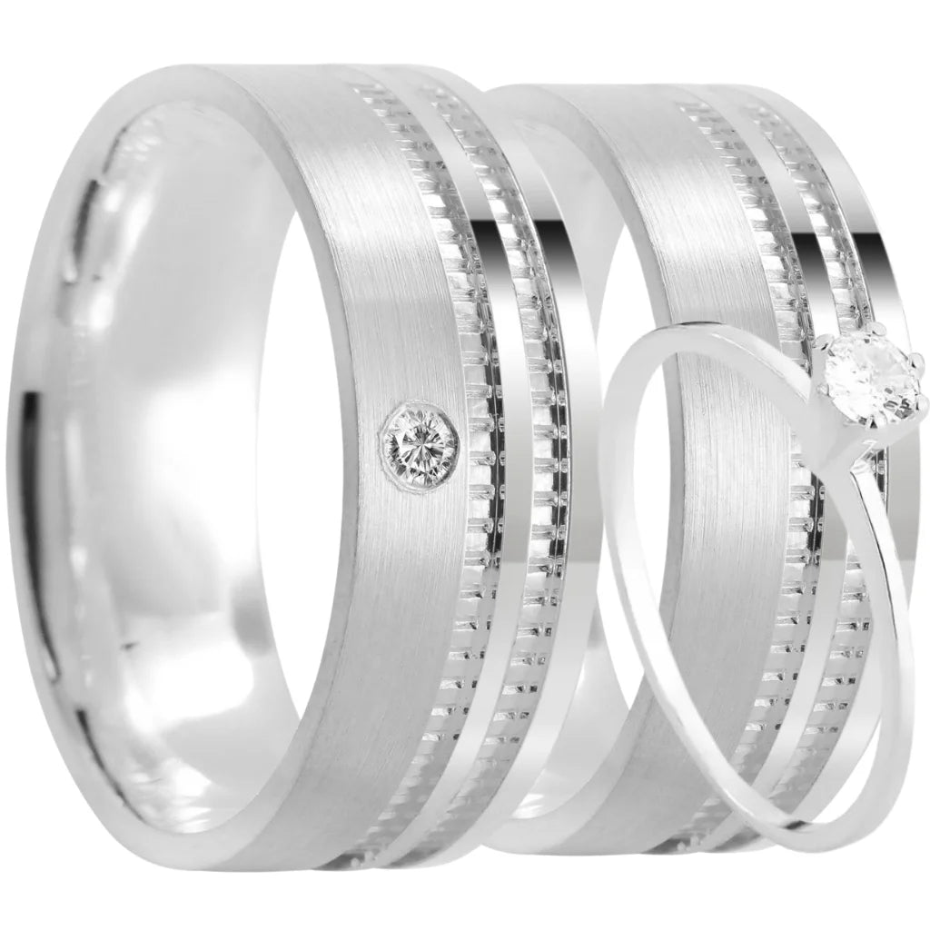 Par de alianças Alva 8mm de namoro + anel solitário prata 950