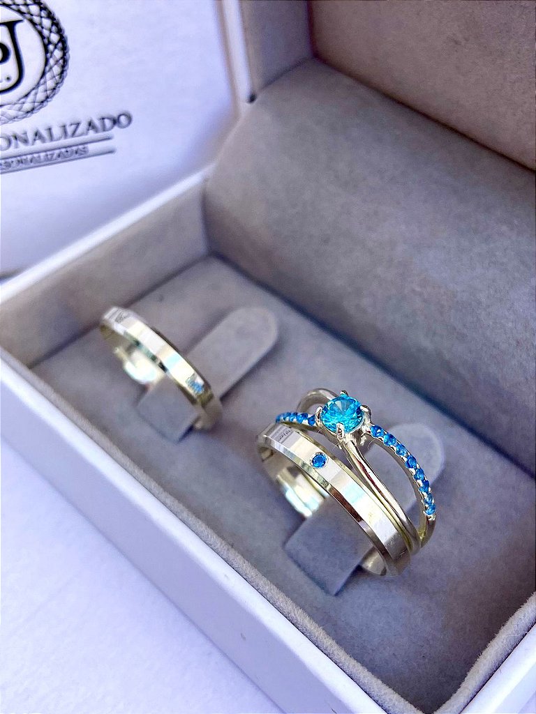 Par de alianças Antonella 3mm de namoro + anel solitário prata 950