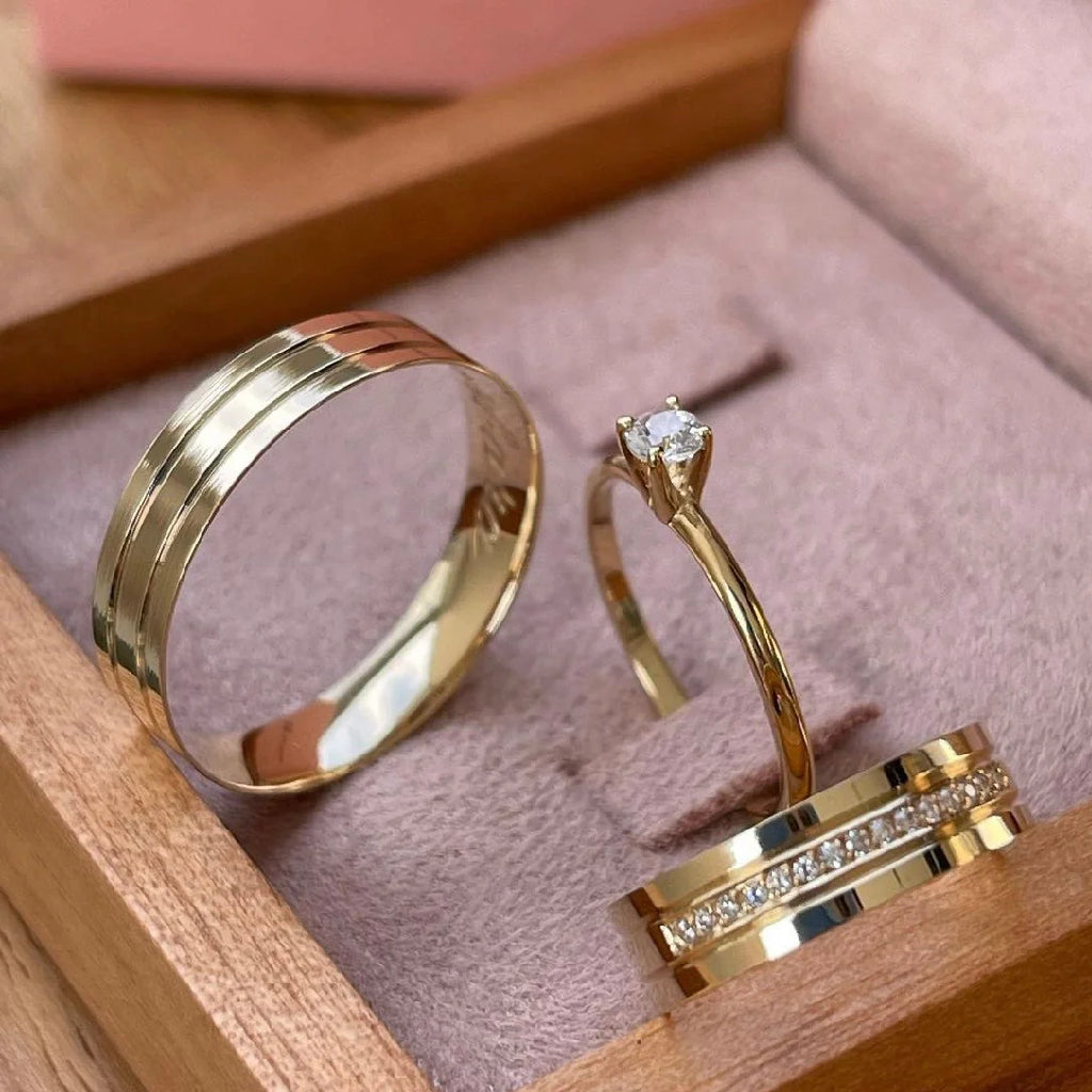 Par de alianças casamento Kaya 6mm de moeda antiga - Anel solitário Brinde