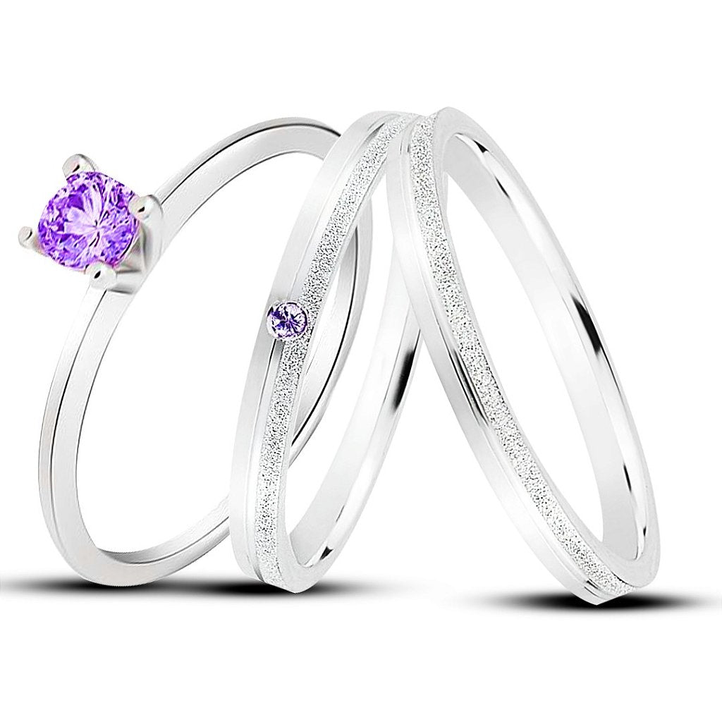 Par de Alianças Namoro Pedra Lilas (Roxa) Prata 950 Cinderela 2mm