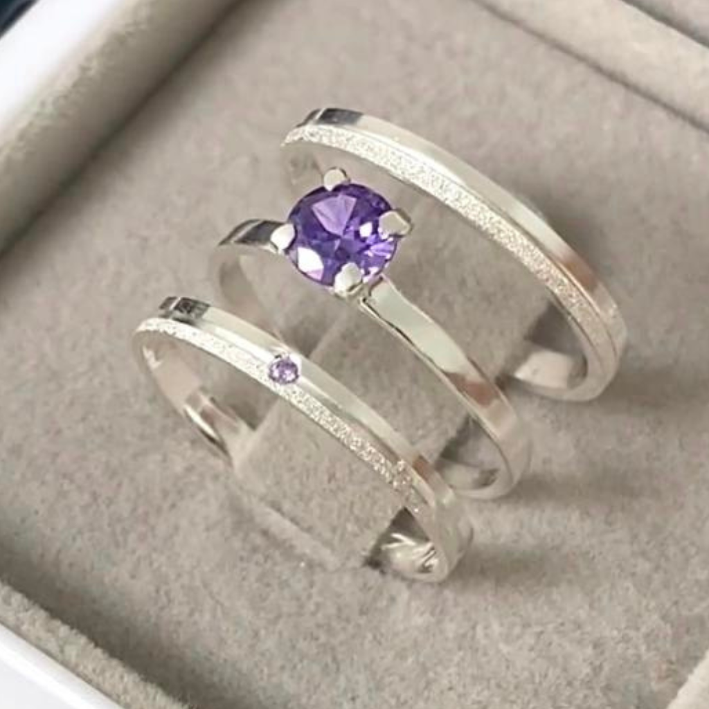 Par de Alianças Namoro Pedra Lilas (Roxa) Prata 950 Cinderela 2mm