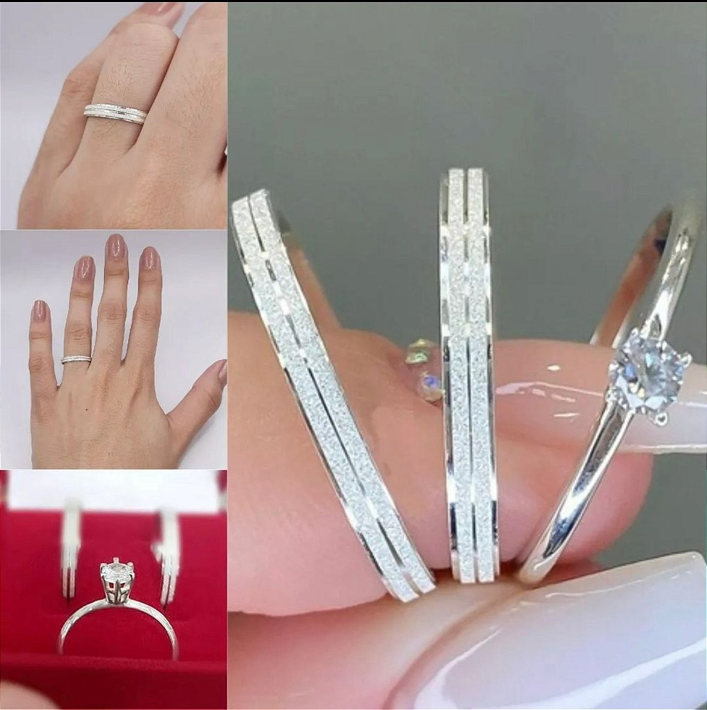 PAR DE ALIANÇAS DE NAMORO PRATA 950 COM ANEL SOLITÁRIO DE COMPROMISSO 2MM DIAMANTADAS