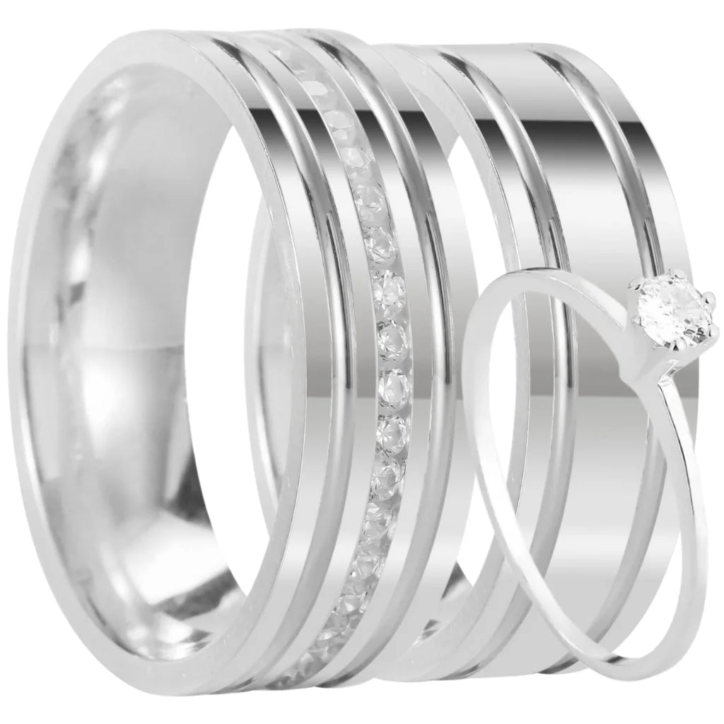 Par de alianças Hilde 8mm de namoro + anel solitário prata 950