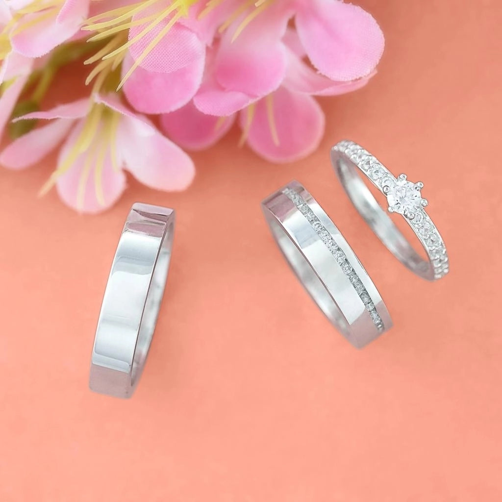 Par de alianças Jasmine 5mm de namoro + anel solitário Grecia prata 950
