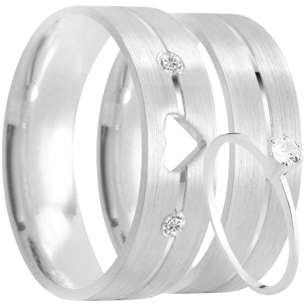 Par de alianças Love Sentiments 6mm de namoro + anel solitário prata 950
