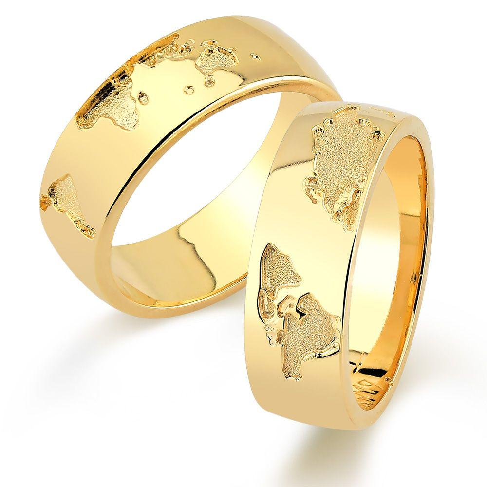 Par de alianças Mapa do Mundo 6mm de casamento ouro 18k