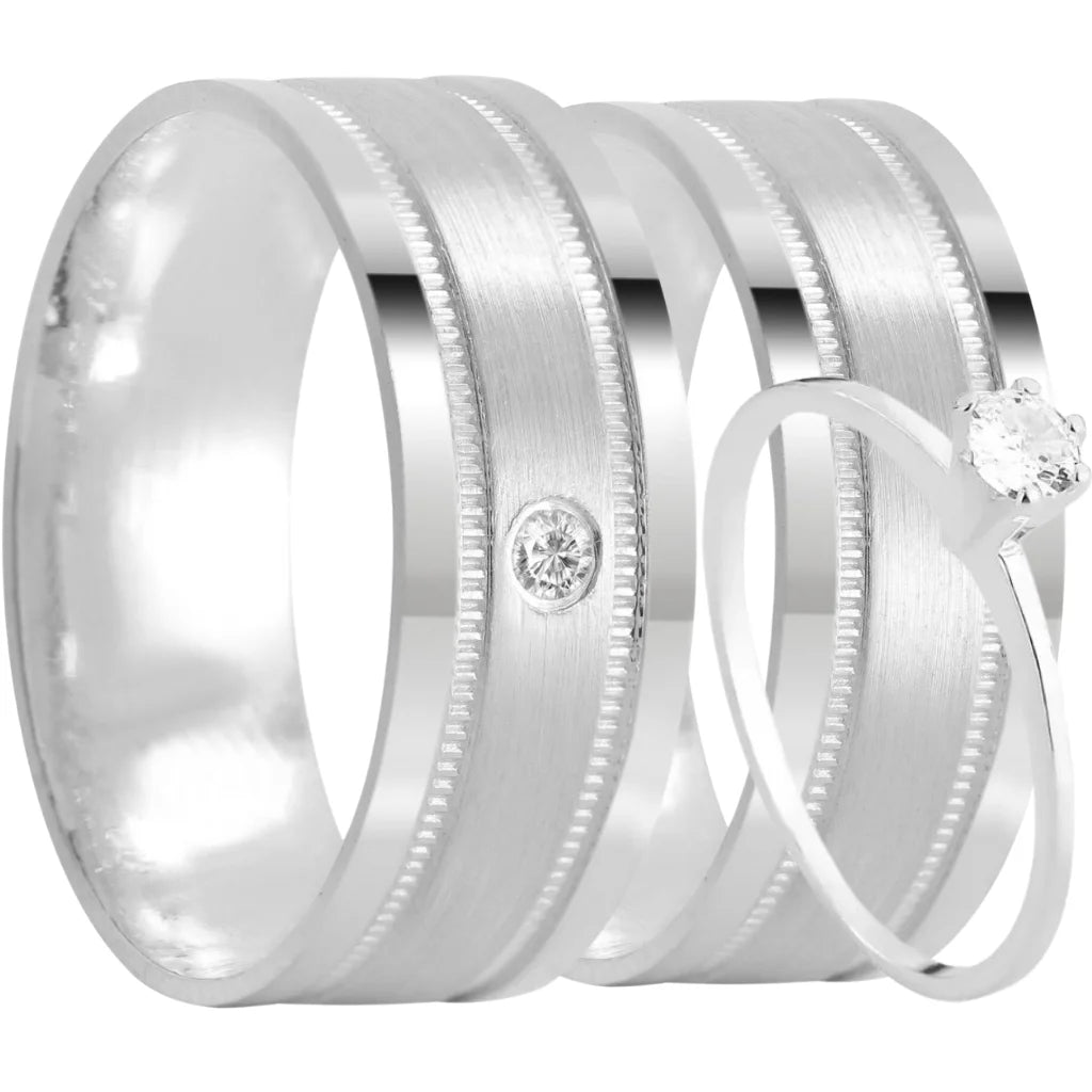Par de alianças Runa 8mm de namoro + anel solitário prata 950