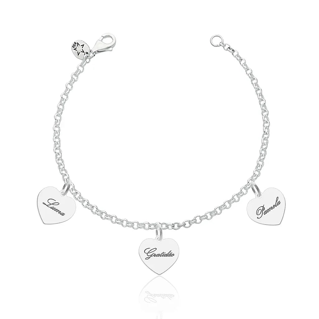 Pulseira feminina Prata Pesonalizada com 3 iniciais em coração