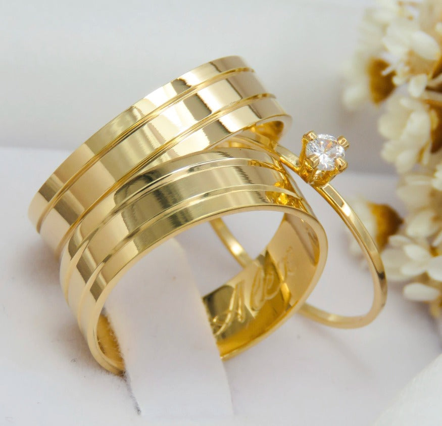 Par de alianças casamento Geneva 6mm de moeda antiga - Anel solitário Brinde
