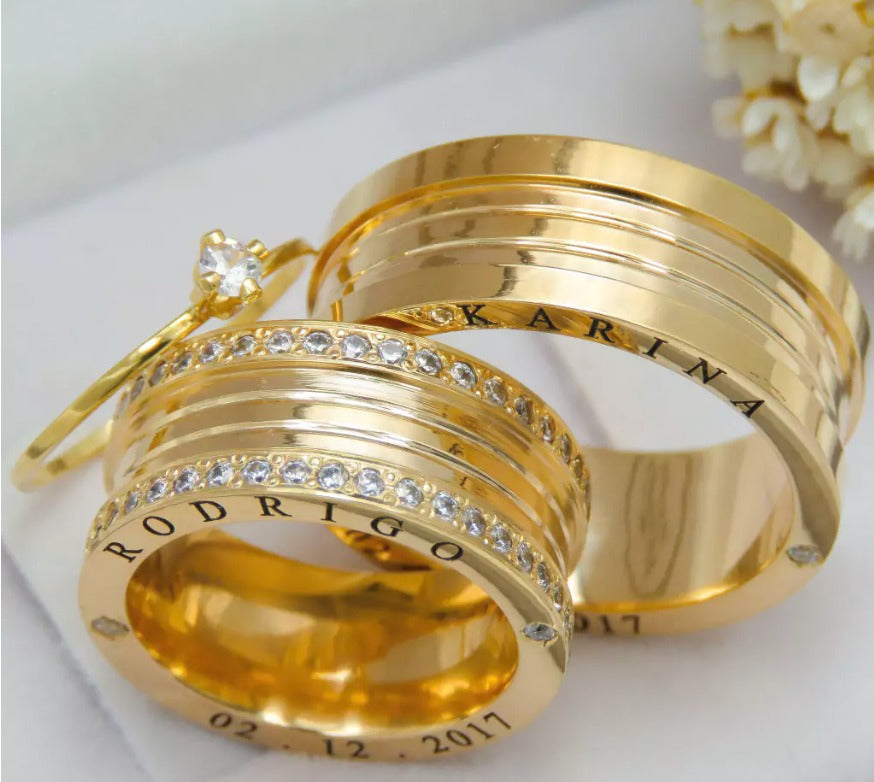 Par de alianças casamento Dubai 10mm de moeda antiga - Anel solitário Brinde